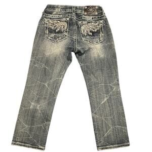 Miss Me Jeans Women’s 27 Blue Angel Wing Mid-Rise Capri Rhinestones Y2K